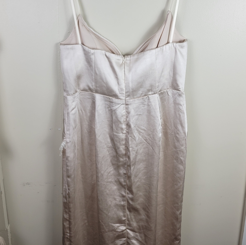 Saints & Secrets Winter Moon Champagne Satin Strapless Lace Trim Slit Midi Dress - Picture 7 of 14